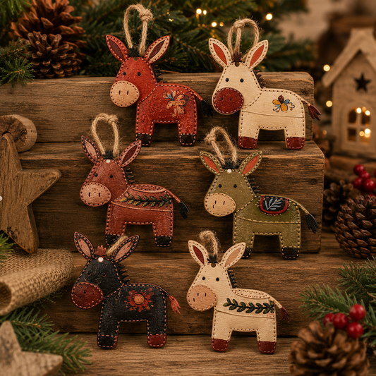 Wooden Donkey Christmas Tree Ornaments – Set of 6 Rustic Nativity & Farm Style Decorations