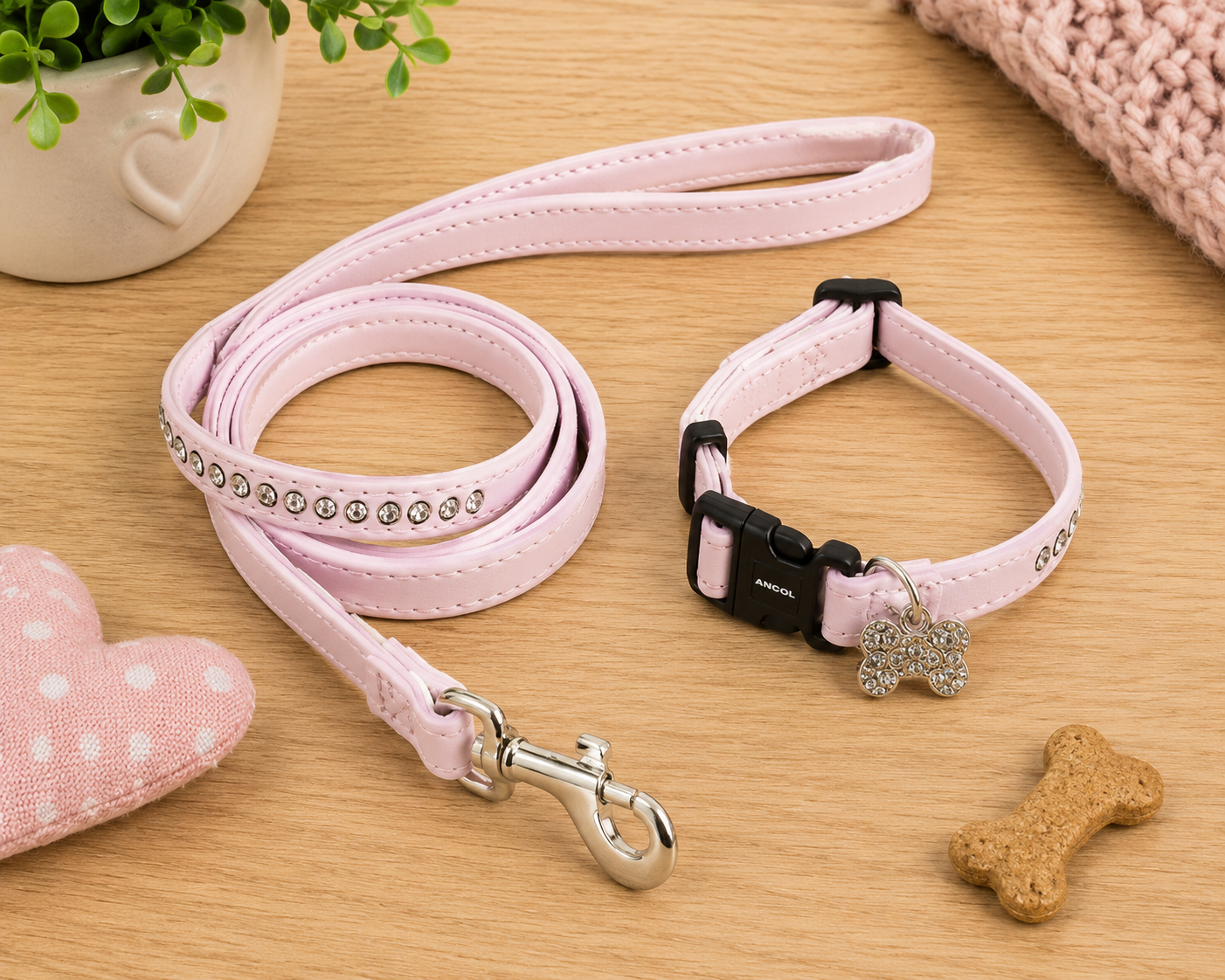 Ancol Puppy Dog Collar and Lead Set Deluxe Baby Pink