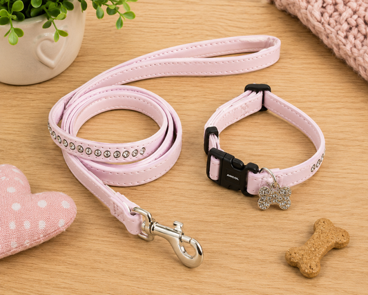 Ancol Puppy Dog Collar and Lead Set Deluxe Baby Pink