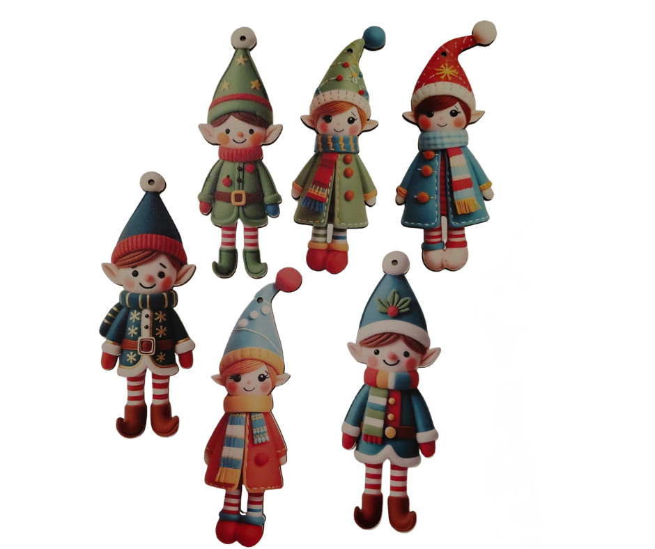 Wooden Christmas Elf Tree Ornaments – Set of 6 Festive Hanging Decorations