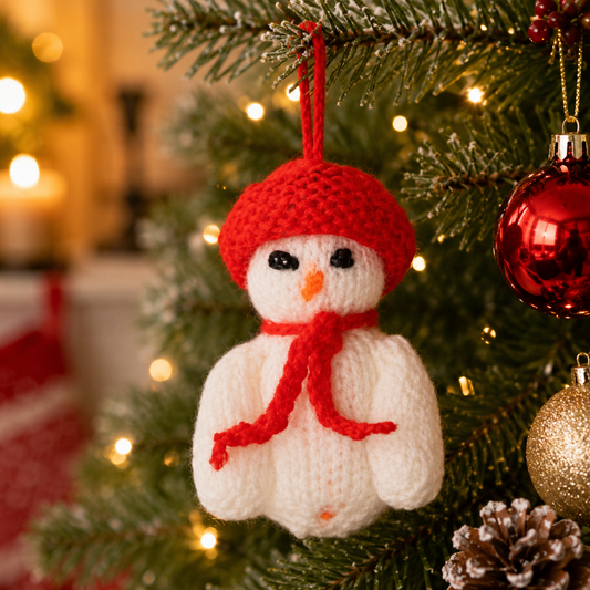 Hand Knitted Snowman With Red Hat Christmas Tree Decoration