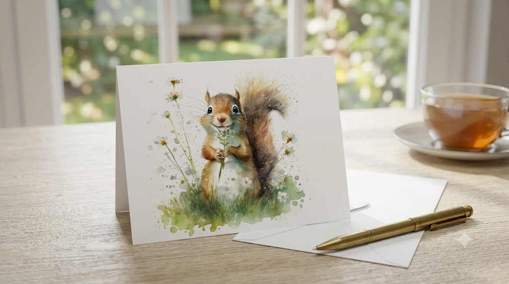 Dog Desk Squirrel With Flower Deluxe Card