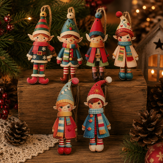 Wooden Christmas Elf Tree Ornaments – Set of 6 Colourful Festive Hanging Decorations