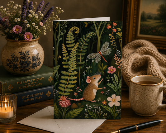Dog Desk Mouse & Dragonfly In The Friendly Forest Deluxe Greeting Card