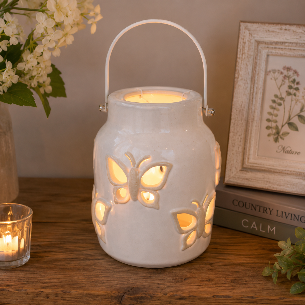 Large Distressed Antique Finish White Ceramic Tea Light Lantern
