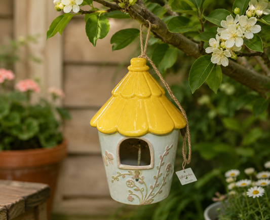 Yellow Ornamental Hand Painted Hanging Ceramic Garden Bird House