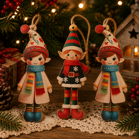 Wooden Christmas Elf Tree Ornaments – Set of 3 Festive Hanging Decorations