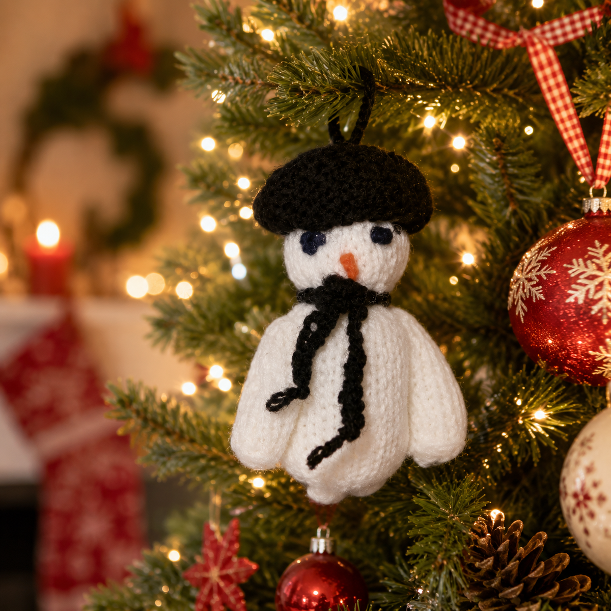 Hand Knitted Snowman With Black Hat Christmas Tree Decoration