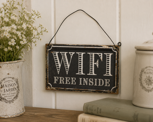 Shabby Distressed Wifi Free Inside Hanging Sign Plaque Cafe Pub Shop