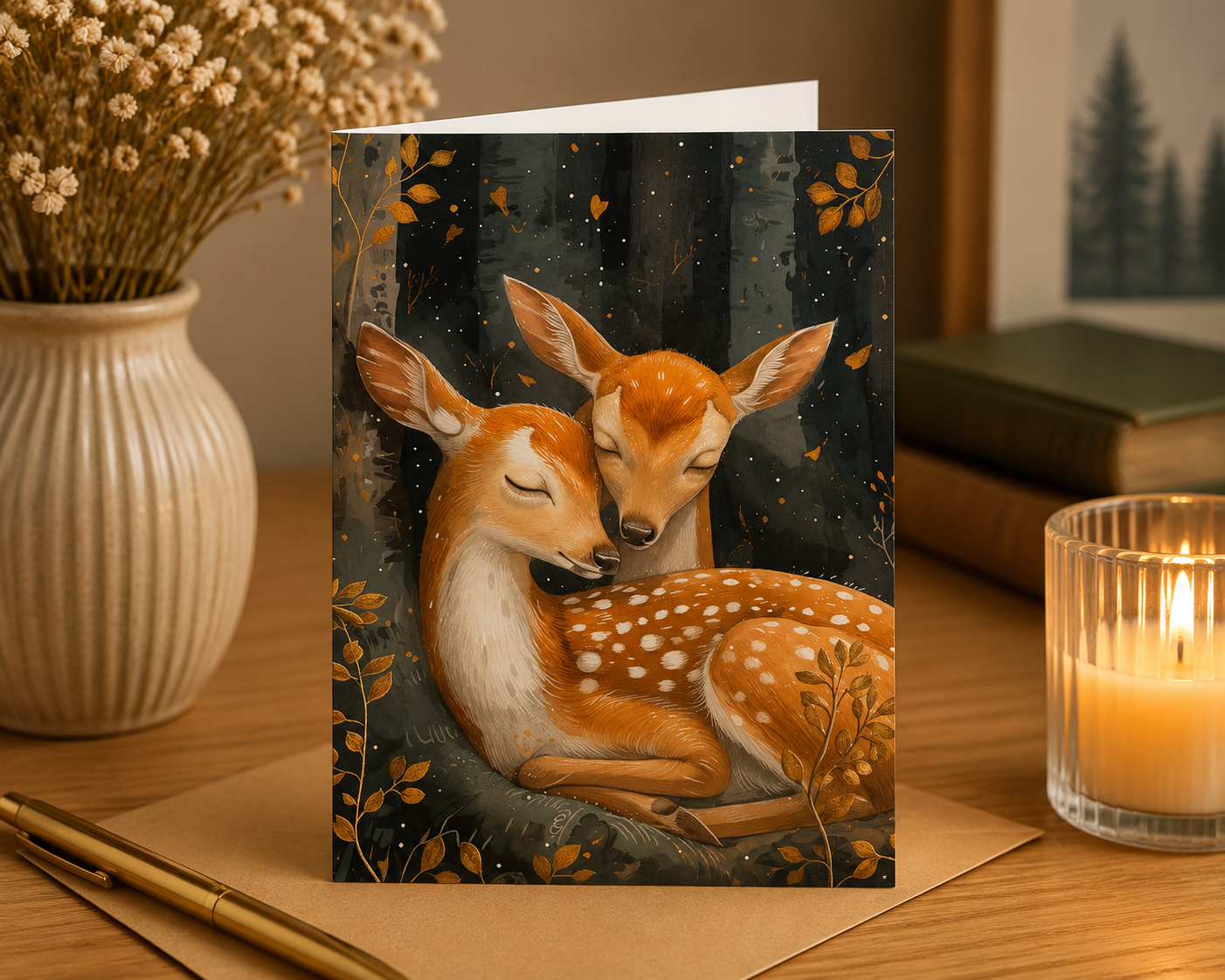 Dog Desk Cuddling Animals Deer Deluxe Greeting Card