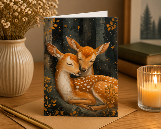 Dog Desk Cuddling Animals Deer Deluxe Greeting Card