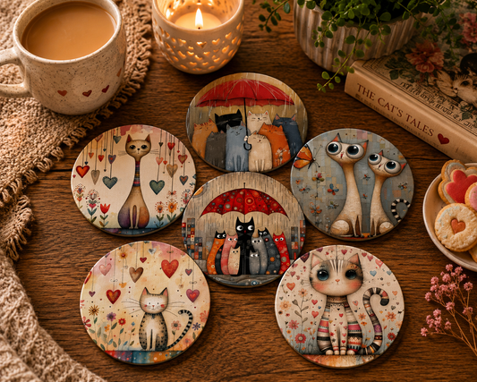 Whimsical Cat Coasters – Set of 6 Playful Feline Art with Hearts & Umbrellas