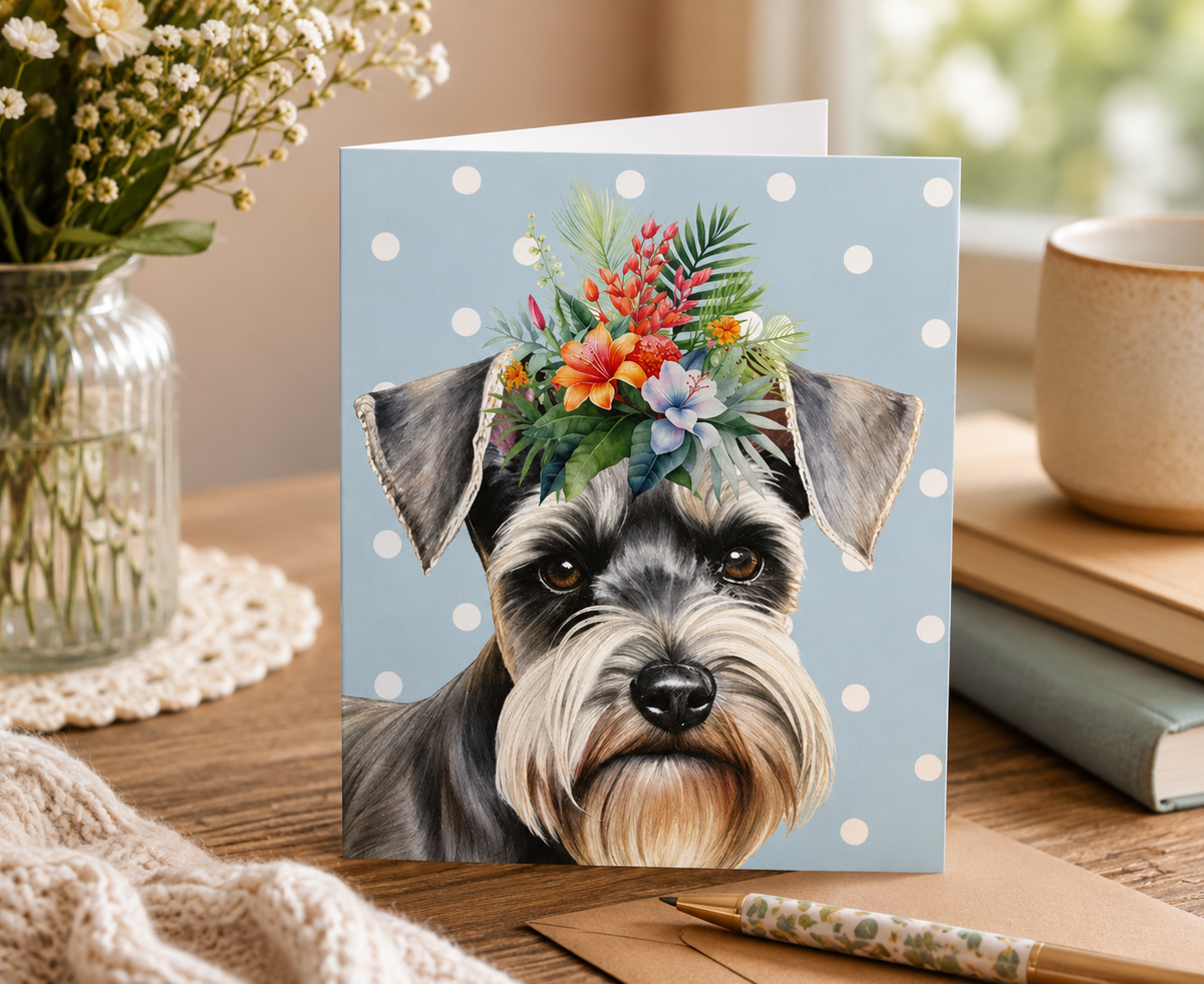 Dog Desk Floral Dogs Schnauzer Deluxe Greeting Card