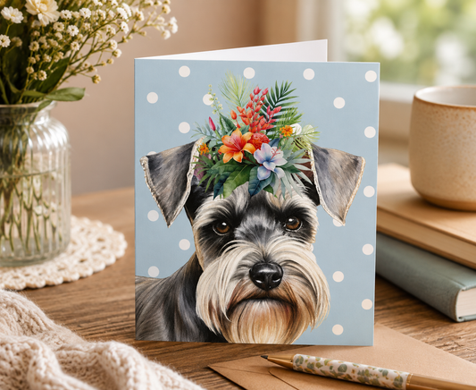 Dog Desk Floral Dogs Schnauzer Deluxe Greeting Card