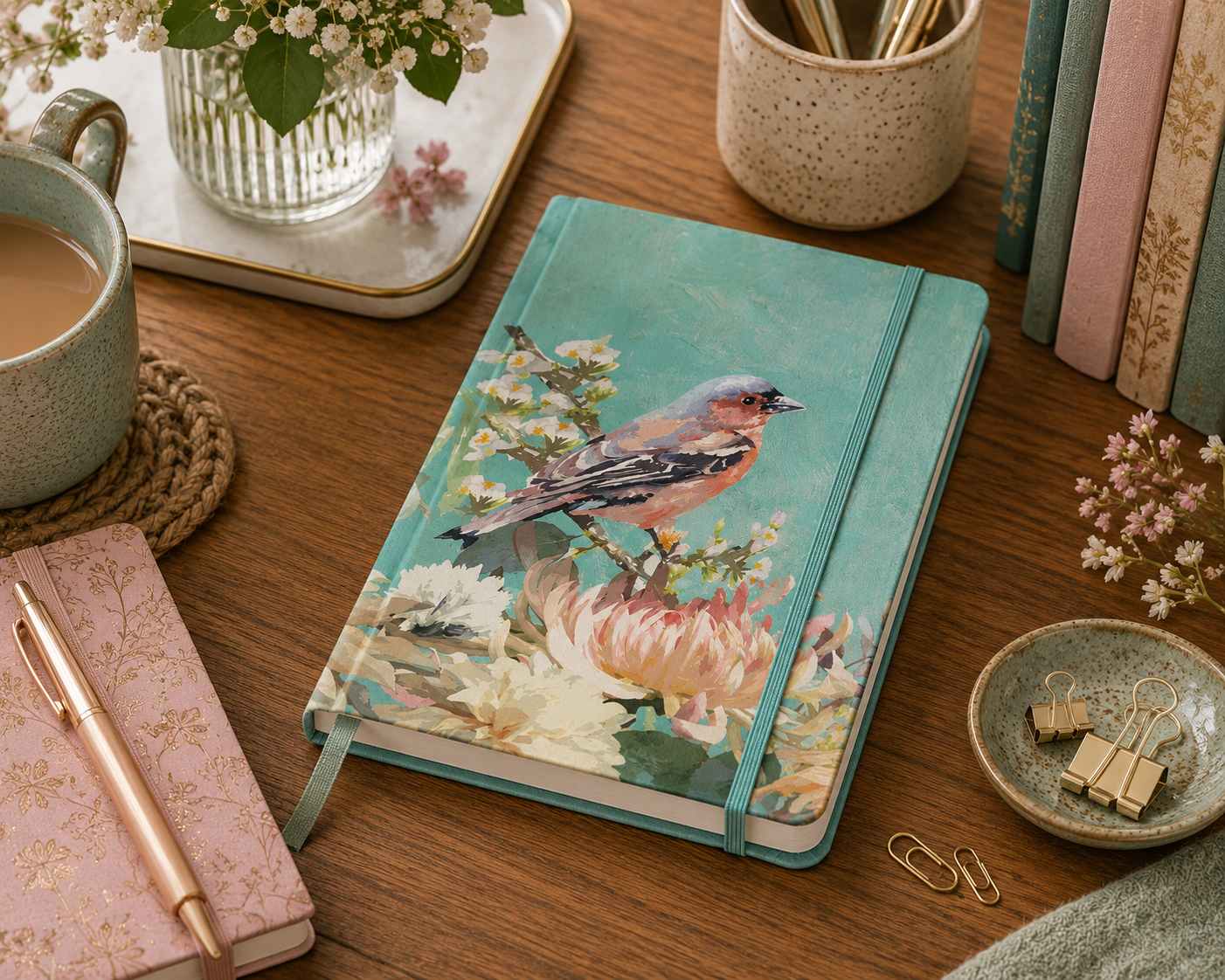 A5 Notebook – Symphony Songbird & Floral Design with Elastic Closure