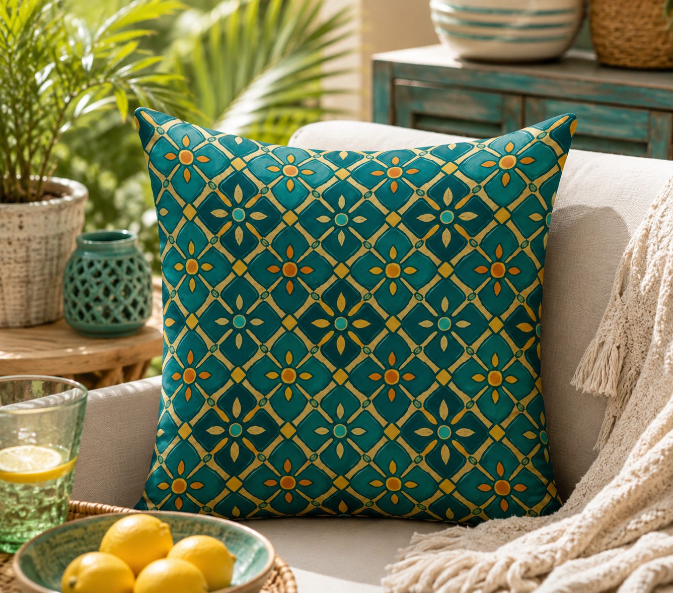 Mediterranean Teal Geometric Floral Cushion  – 45cm Pre-order