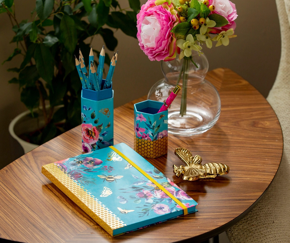 A5 Notebook – Queen Bee  Floral Bee Design with Gold Detail & Elastic Closure