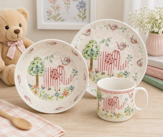 Bird & Ellie Blue Baby Toddler Feeding Set Christening Gift Plate Bowl Cup Boxed