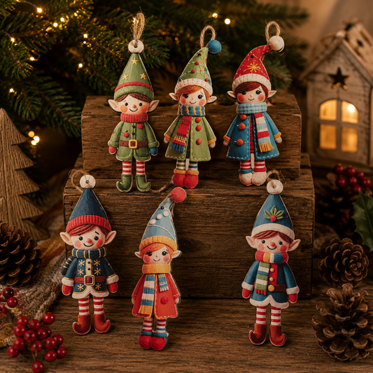 Wooden Christmas Elf Tree Ornaments – Set of 6 Festive Hanging Decorations