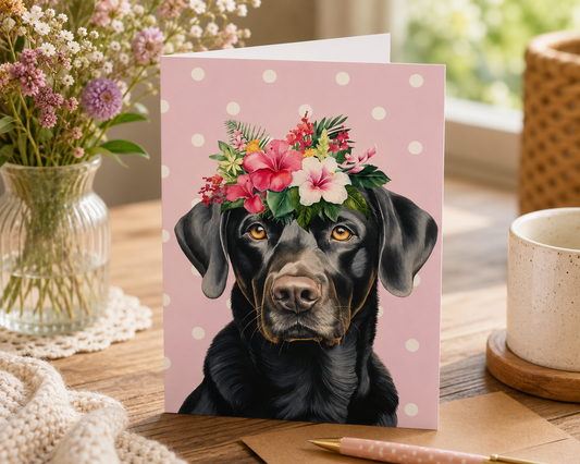 Dog Desk Floral Dogs Black Labrador Deluxe Greeting Card