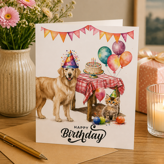 Dog Desk Retriever Happy Birthday Deluxe Greeting Card