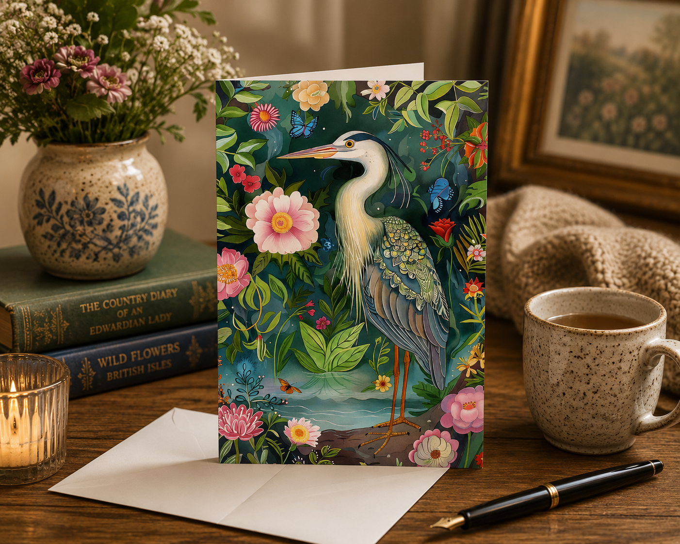 Dog Desk Heron In The Chinese Garden Deluxe Greeting Card