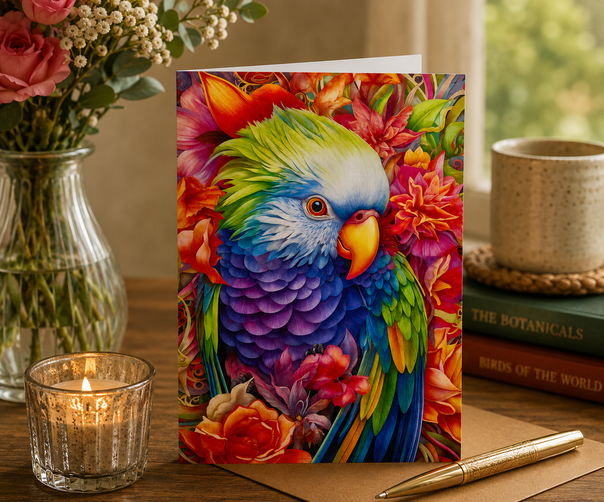 Dog Desk Tropical Birds Parrot Deluxe Greeting Card