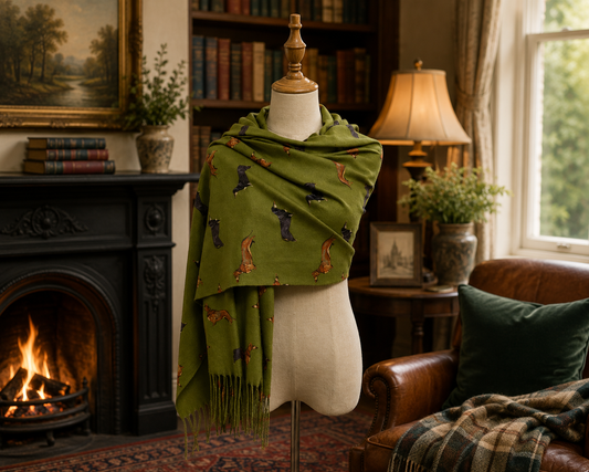 Green Dachshund Sausage Dog Print Tassel Scarf