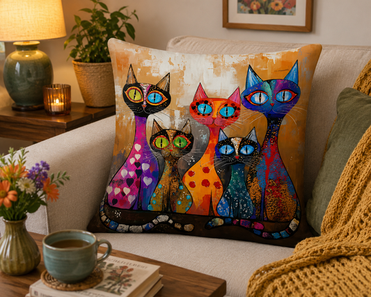 Colourful Folk Art Cat Cushion & Cushion Cover Whimsical Feline Home Décor