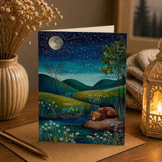 Dog Desk Night-time Hills Bear Deluxe Greeting Card