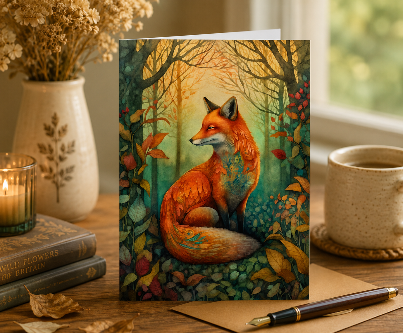 Dog Desk Boho Forest Fox Deluxe Greeting Card