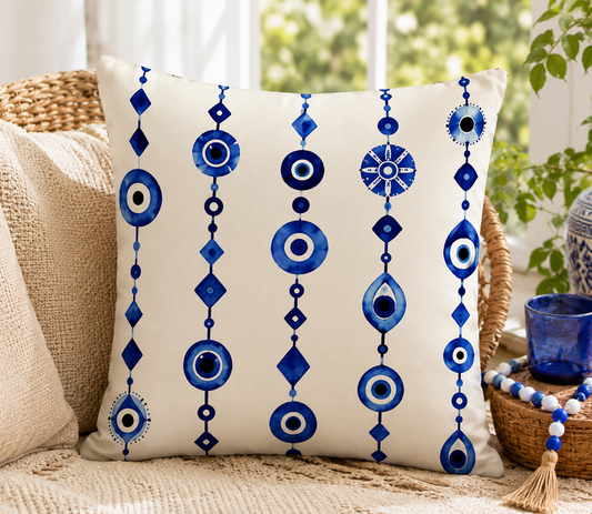 Mediterranean Blue Evil Eye Cushion – 40cm Pre-order