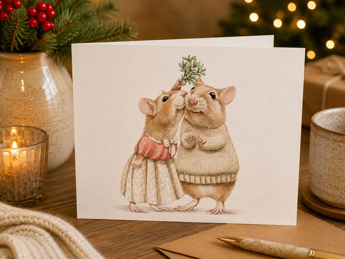 Dog Desk Mistletoe Mice Deluxe Christmas Card