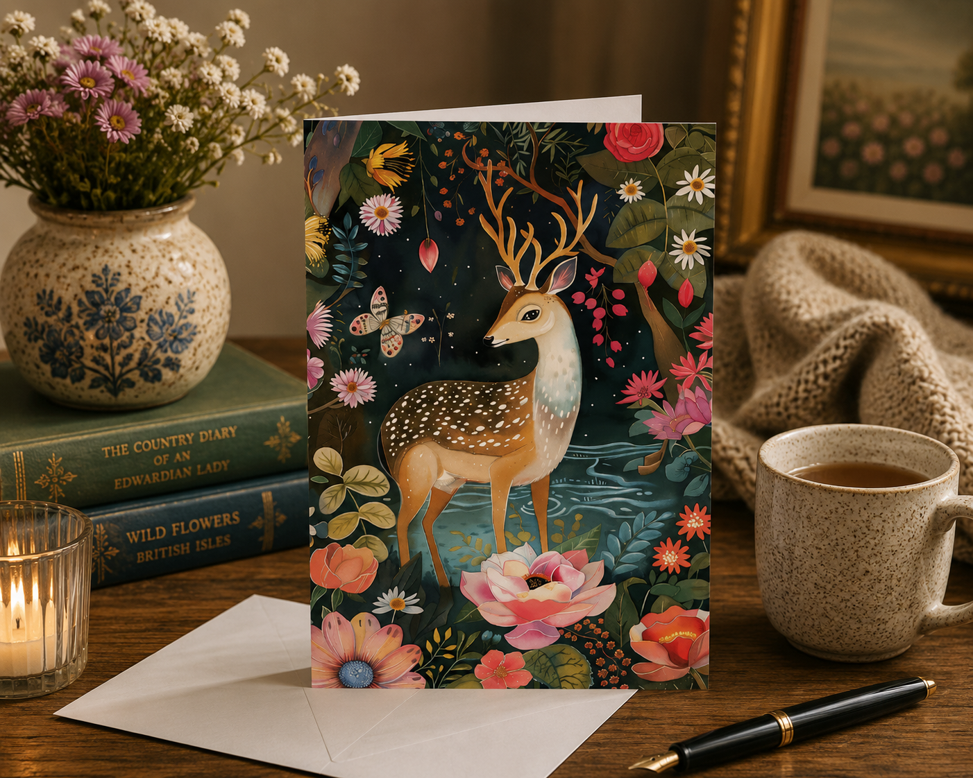 Dog Desk Deer In The Chinese Garden Deluxe Greeting Card