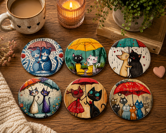 Rainy Day Love Cats Coasters – Set of 6 Whimsical Umbrella Cat Art