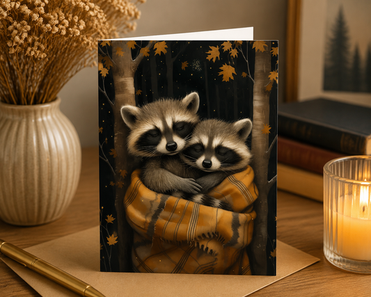 Dog Desk Cuddling Animals Raccoons Deluxe Greeting Card