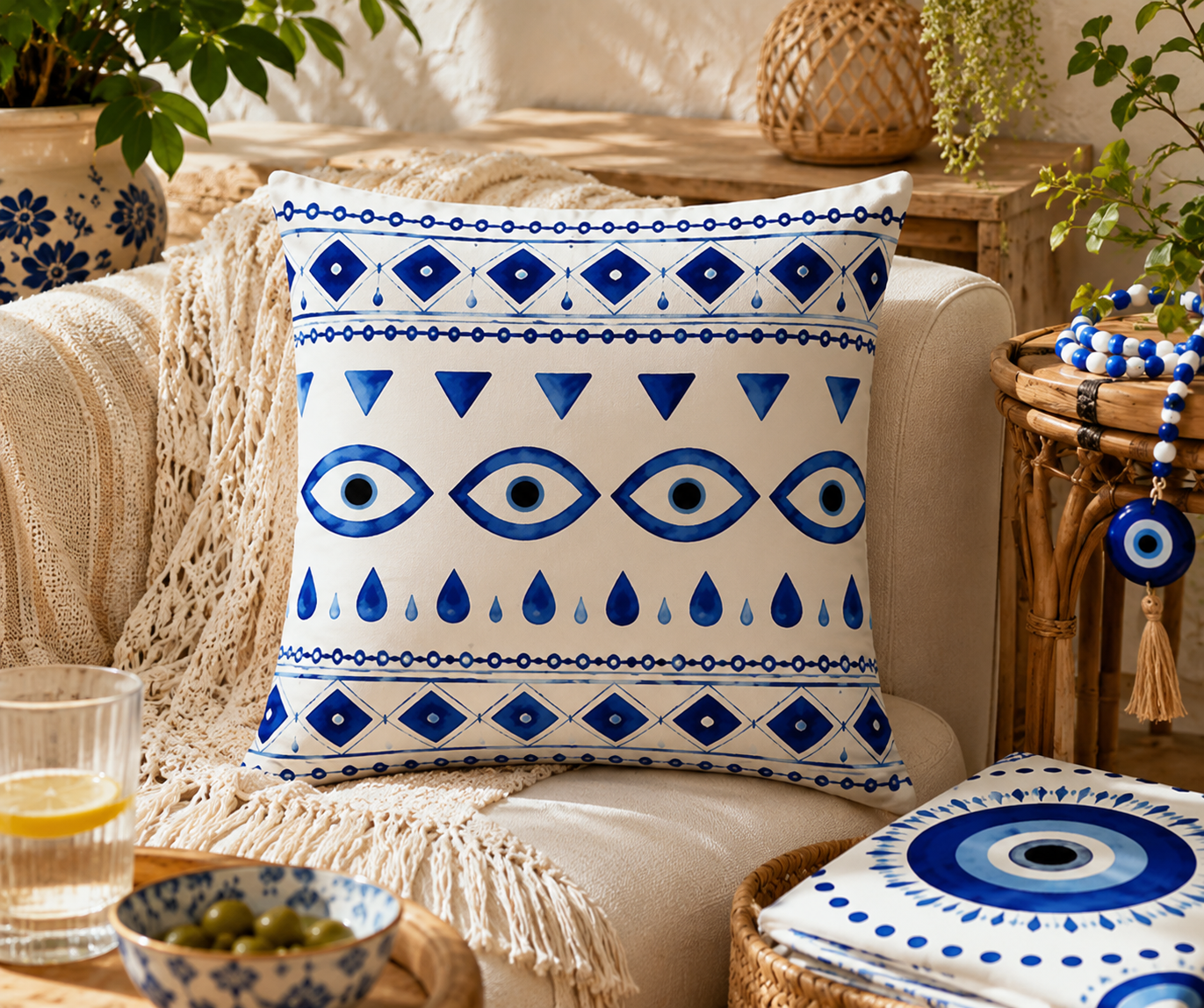 Mediterranean Blue Evil Eye Cushion – 40cm Pre-order