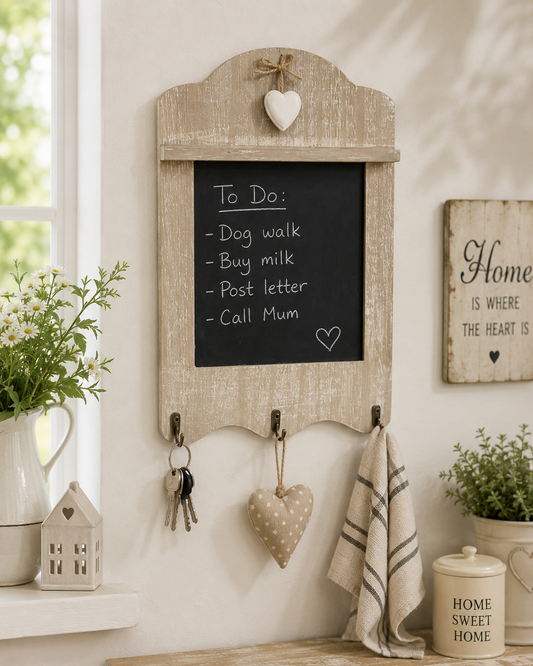 Wall Mounted 3 Key Hook Rack Memo Chalk Black Board Vintage Shabby Chic