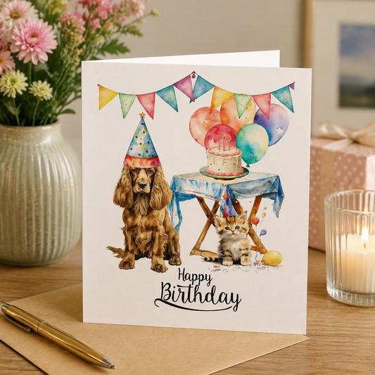 Dog Desk Spaniel Happy Birthday Deluxe Greeting Card