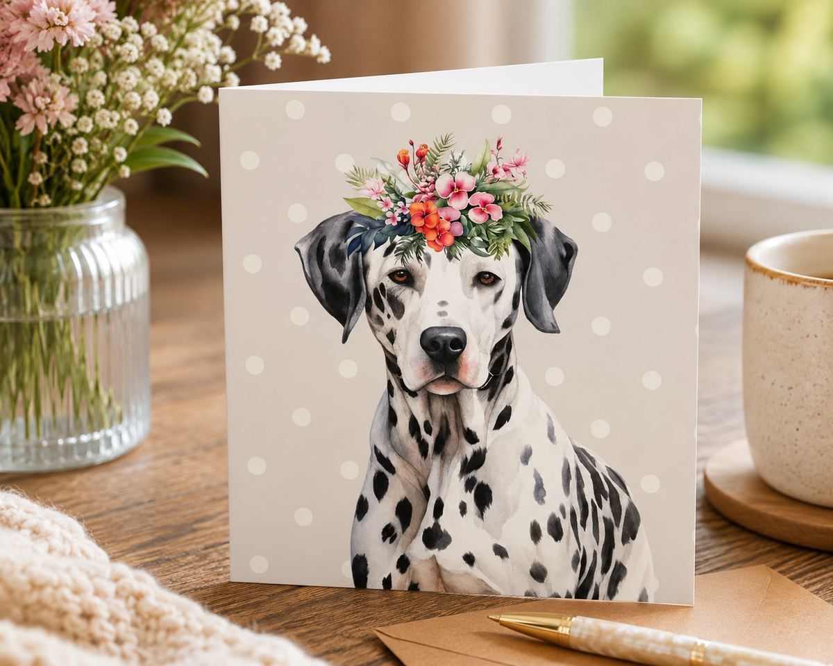 Dog Desk Floral Dogs Dalmatian Deluxe Greeting Card