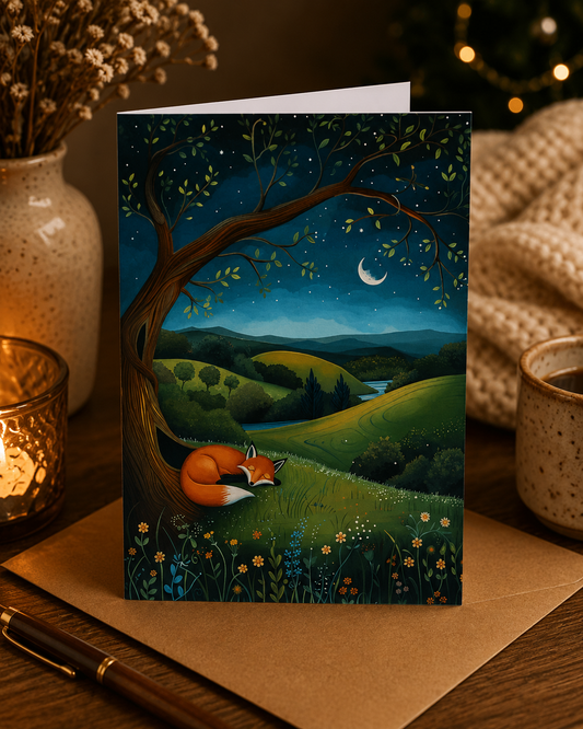 Dog Desk Night-time Hills Fox Deluxe Greeting Card