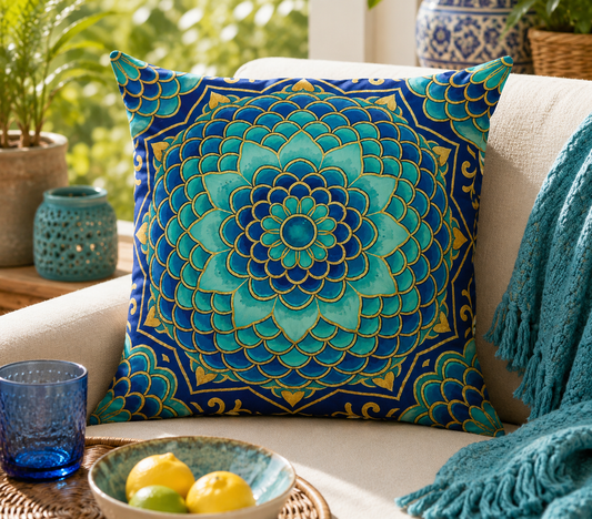 Mediterranean Turquoise &  Blue Mandala Cushion – 45cm Pre-order