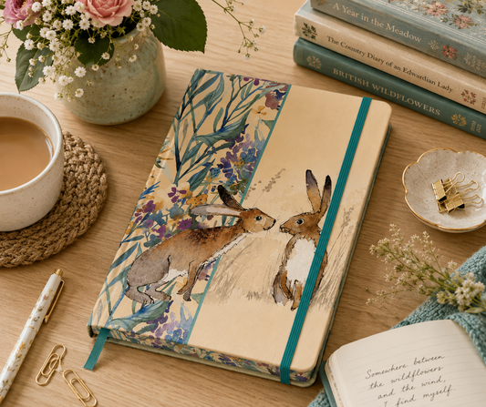 A5 Notebook – Kissing Hares Romantic Wildlife Design with Elastic Closure