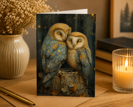 Dog Desk Cuddling Animals Owls Deluxe Greeting Card