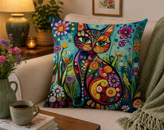 Colourful Floral Cat Cushion & Cushion Cover Vibrant Folk Art Feline Design