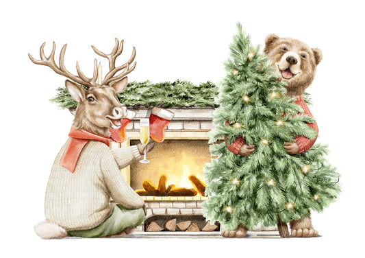 Dog Desk Bringing In The Tree Deluxe Christmas Card