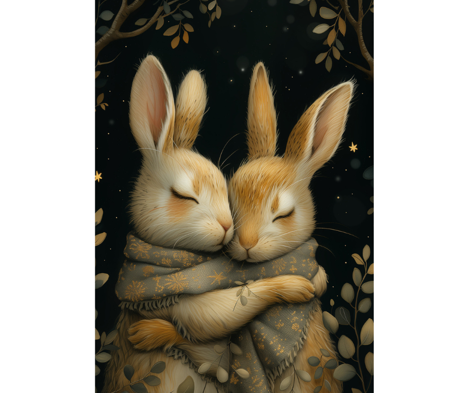 Dog Desk Under Rabbits Cuddling Deluxe Greeting Card