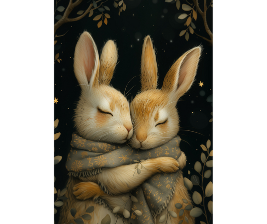 Dog Desk Under Rabbits Cuddling Deluxe Greeting Card
