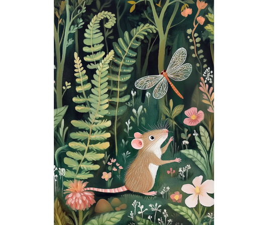 Dog Desk Mouse & Dragonfly In The Friendly Forest Deluxe Greeting Card