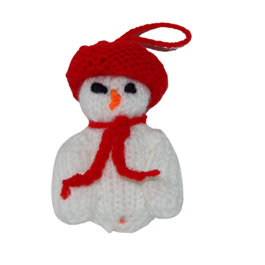 Hand Knitted Snowman With Red Hat Christmas Tree Decoration